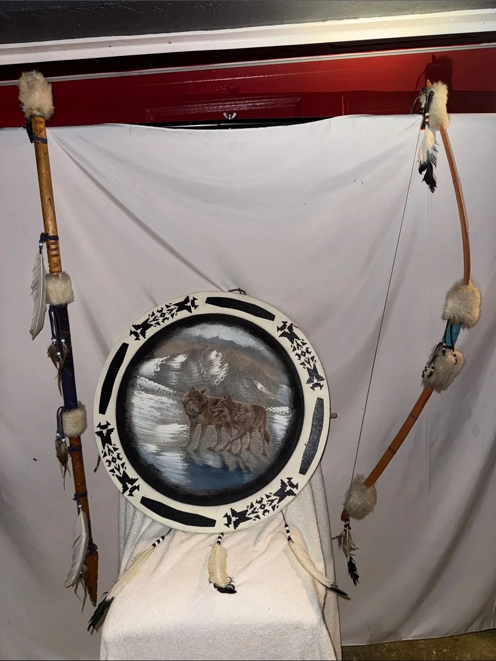 Hand-Painted Wolf Scene Wall Drum in Cream and Black